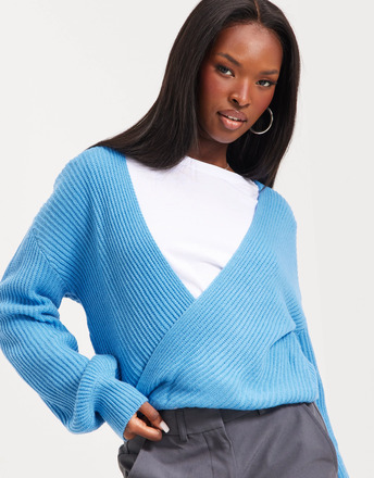 Noisy May - Stickade tröjor - Azure Blue - Nmfree L/S Wrap Knit - Tröjor - Knitted sweaters