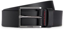 Leather belt with red stitching and branded buckle