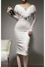 Biała sukienka elegancka z koronkową falbanką przy dekolcie 5218