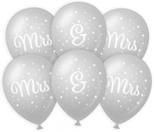 6x stuks Mrs. & Mrs. huwelijks feest ballonnen - zilver/wit - latex - ca 30 cm