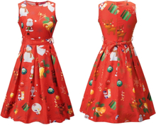 Frauen Weihnachten Weihnachtsmann gedruckt ärmelloses Kleid O Hals A-Linie Weihnachten Knielanges Kleid