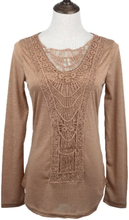 Neue Mode Frauen T-shirt Crochet Lace Panel Runde Hals Langarm Slim Fit solide lässig Bluse grün/weiß/Khaki