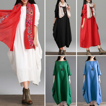 Ethnische Frauen Kleid Solide Baumwolle Tasche Rundhalsausschnitt 3/4 Ärmel Lose Baggy Vintage Maxi Kleid Robe Einteilig