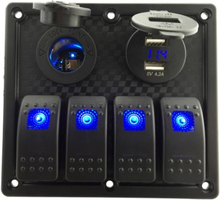 12V-24V Wasserdicht 4-Gang Kippschalter Panel LED-Rocker Switch Panel mit Zigarettenanzünder-Buchse Dual USB Port Voltmeter für Auto-Boots-Marine-Motorrad