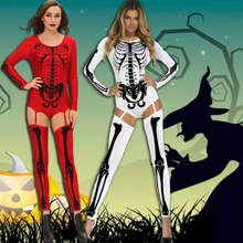 Frauen Halloween Kostüm Bodycon Jumpsuit Schädel Print Rolle spielen Sexy Adult Playsuit Spielanzug Rot / Weiß