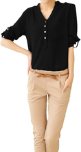 Neue Mode Damen Shirt Chiffon Knöpfe Epaulette V-Ausschnitt Langarm solide lose elegante Bluse weiß / schwarz/royalblau