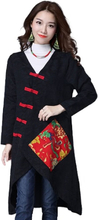 Frauen Ethnische Mantel Baumwolle Leinen mit V-Ausschnitt Asymmetrische Langarm Cheongsam Mandarin Weinlese lose Outwear