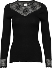 Silk T-Shirt Regular Ls W/Lace Tops T-shirts & Tops Long-sleeved Black Rosemunde