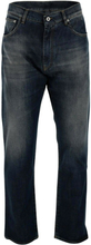 Jeans laget av bomulls denim klassisk fem lomme stil middels midje med belteløkker foran knapp og glidelås lukking slitt effekt på den fremre rett benstil mørk denim laget i Italia komposisjon: 100% bomull