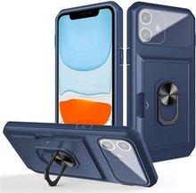 For iPhone 11 Well-protected Sliding Card Holder Ring Kickstand Micron Lens Film Design TPU + PC Mo