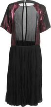 Pre-eide Black Purple Mesh Inset Plissed Silk Midi Dress