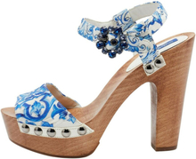 Dolce Gabbana Blue/White Floral Print Jacquard Platform Ankel Strap Sandals