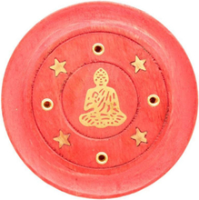 Rund Liten Rød Røkelsesholder i Mango-Tre med Buddha Motiv - 7 cm