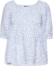 Hazel Printed Linen Smock Top Tops Blouses Short-sleeved Blue Lexington Clothing