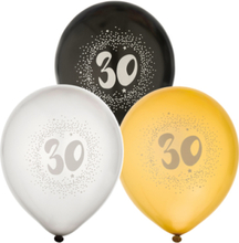 30 år - 6 stk Svarte, Sølv- og Gullfarget Ballonger 30 cm