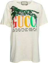 Gucci Cream Sequin pyntet logo trykt bomulls-t-skjorte m