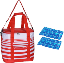 Grote koeltas draagtas schoudertas rood/wit gestreept met 2 stuks flexibele koelelementen 24 liter
