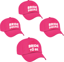 Vrijgezellenfeest dames petjes pakket - 1x Bride to Be roze + 7x Bride Squad roze