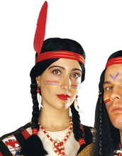 Indianperuk till kvinna med Rött Band och Fjädrar - Svart
