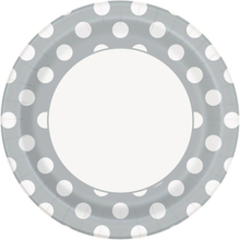 8 st Silverfärgade Papptallrikar med Vita Polka Dots 22 cm