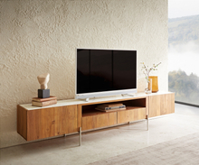 DELIFE TV-meubel Secara 220 cm acacia natuur 2 deuren 2 laden marmeren poten roestvrij staal