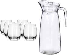 Glazen karaf/schenkkan met deksel van 1,4 liter met 6x stuks drinkglazen/waterglazen 330 ml