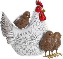 Home decoratie dieren/vogel beeldje - Kip met kuikens - 25 x 22 cm - binnen/buiten - wit/bruin