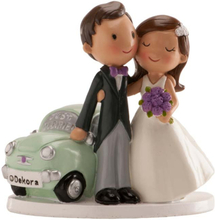 Tårtdekoration till bröllop - brudpar med bil, 12 cm