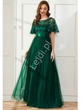 Ciemno zielona sukienka wieczorowa z cekinową górą i haftowanymi listkami 0904