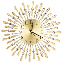 JT1301A 38x38cm Wrought Iron Wall Clock Creative Round Silent Metal Clock with Rhinestone Flower Dec