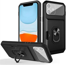 For iPhone 11 Well-protected Sliding Card Holder Ring Kickstand Micron Lens Film Design TPU + PC Mo