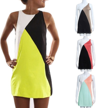 Neue Mode Damen Kleid Splice Rundkragen ärmellos elastische lässig Vintage Mini Dress