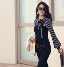 Korean Fashion Women Lady Slim T-Shirt Puff Langarm Rollkragen Streifen Tops schwarz