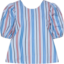 Stripe Cotton Open Back Top Blouses Short-sleeved Blå Ganni*Betinget Tilbud