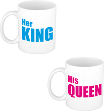 His queen and her king cadeau mok / beker wit met roze en blauwe letters 300 ml