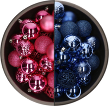 74x stuks kunststof kerstballen mix van fuchsia roze en kobalt blauw 6 cm