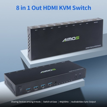 AIMOS 8 in 1 Out HDMI KVM Switch Sharing Monitor/Keyboard/Mouse/Printer among 8 Hosts/ 4K@30Hz/Audio&Video Sync Output Black