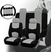 Universal Car Seat Covers Protect Full Set & Steering Wheel Cover Belt Pad Grey