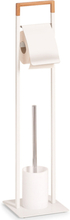 1x Toiletborstels met toiletrolhouder wit metaal/bamboehout 75 cm