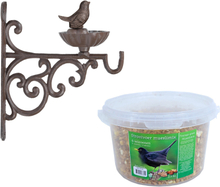 Wand vogel voederbak/drinkbak met haak gietijzer 19 cm inclusief 4-seizoenen mueslimix vogelvoer