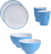 Set van 6x onbreekbare kunststof/melamine blauwe ontbijt bordjes/bekers en kommetjes