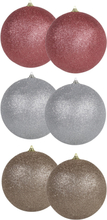 6x stuks grote glitter kerstballen van 13 cm set - 2x Champagne - 2x Zilver - 2x Coral