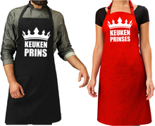 Koppel cadeau set: 1x Keuken prins keukenschort zwart heren + 1x Keuken prinses rood dames