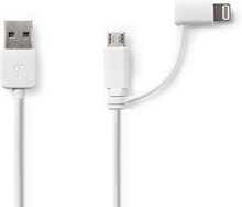 Nedis 2 i 1kabel | USB 2.0 | USB-A Hane | Apple Lightning, 8-stifts / USB Micro-B Hane | 480 Mbps | 1.00 m | Nickelplaterad | Rund | PVC | Vit | Plastpåse