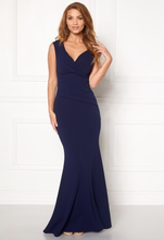 Goddiva Bardot Pleat Maxi Dress Navy S (UK10)