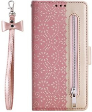 Lace Flower Pattern Zipper Pocket Leather Wallet Phone Cover with Bow Lanyard for Samsung Galaxy A40