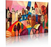 Håndmalet billede - Colourful village 90 x 60 cm