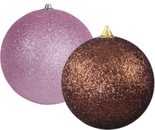 Kerstversieringen set van 2x extra grote kunststof kerstballen bruin en roze 25 cm glitter
