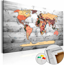 Afbeelding op kurk - Wereld Op Planken, Wereldkaart, Oranje/Grijs, Hout Look op Doek,1luik