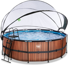EXIT Wood pool 427x122cm med sandfilterpump och tak och värmepump (Brun)